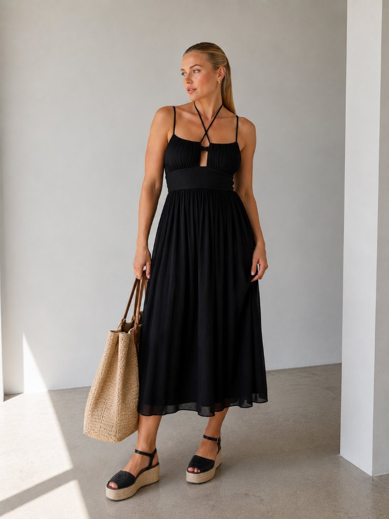 Ulla Johnson Black Freya Strappy Midi Dress Size 12
